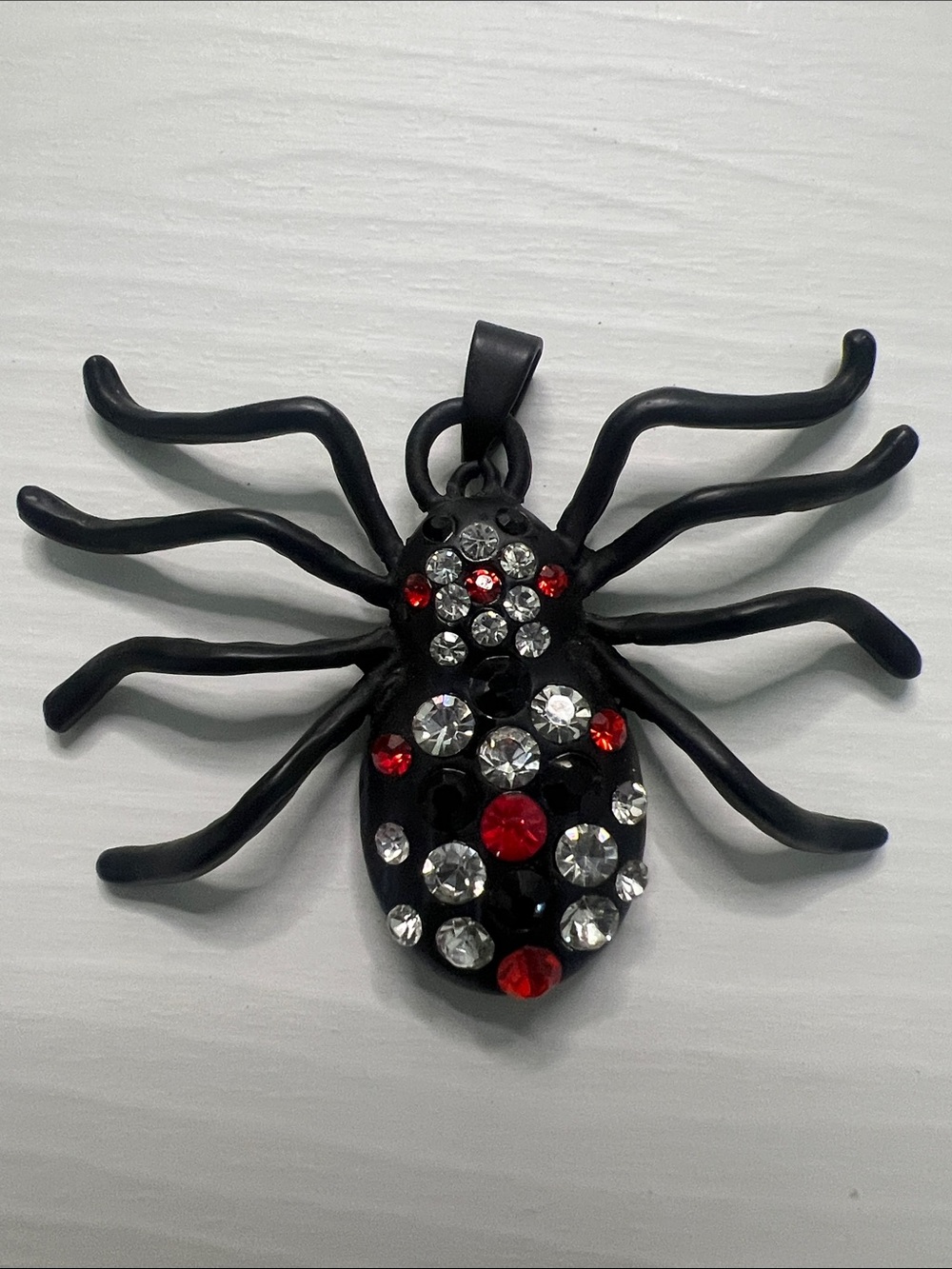 Black Spider Pendant with Red, Black & Clear Rhinestones